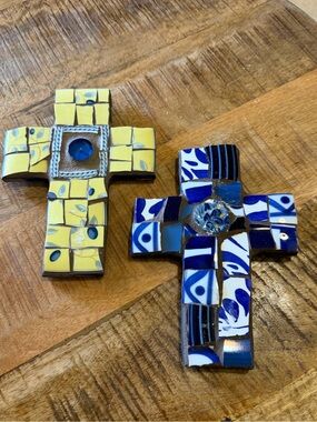 2 Handcrafted Mosaic Tile Crosses Yellow and Blue 7x5”